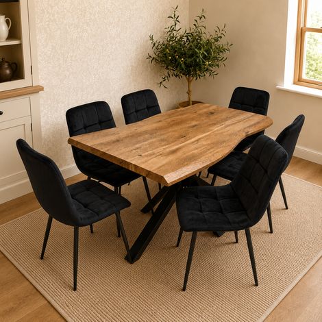 Kosy Koala 6 Seater Rustic Brown Wooden Effect Dining Table Set with Black Velvet Chairs (1/5)