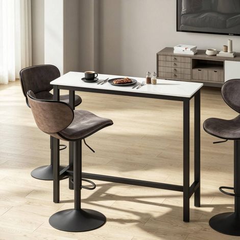 Tavolo bar moderno 120 x 40 x 100 cm, piano effetto marmo bianco, acciaio nero, OKWISH (1/5)