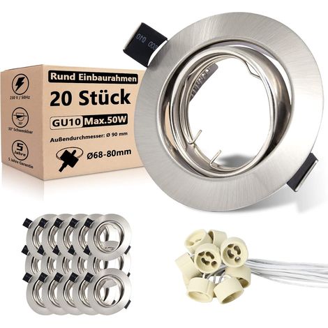 Lot de 20 Cadres d'Éclairage Encastrables - Design Circulaire Trou de 68mm - Matériau en Acier Inoxydable Brossé - Compatible Ampoules GU10 LED ou Halogènes - Douilles GU10 Incluses (1/5)