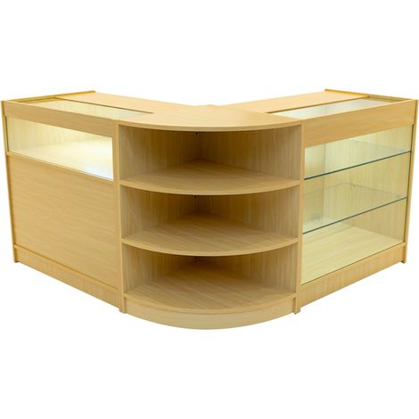 Set Mostradores Comerciales "DEMETER"   Arce K900+B900+LM60  MDF y vidrio templado  Estantes y puertas corredizas con cerradura  Fácil Montaje  Mostrador Recepción Expositor Comercial Mesa