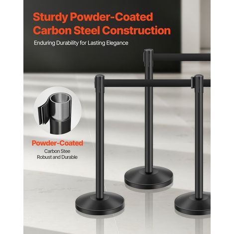 Poteau de guidage, 6 pcs, barrière de balisage pour contrôle de foules, avec base creuse, sangle rétractable noire et poteaux noirs en acier au carbone, pour théâtre, fête, mariage, exposition (1/5)
