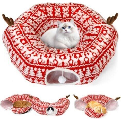 Tunnel pour chat - Pliable - Avec balle de jeu - Lit de jeu - Tunnel bruissant multifonction - Jouet interactif pour chaton d'intérieur - Motif Noël