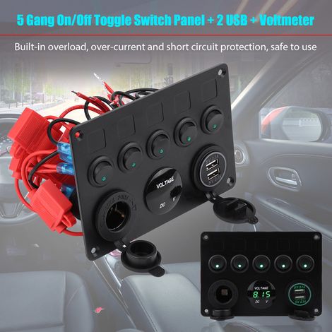 5-Wege-Wippschalterfeld, 12-24 V, mit zwei USB-Anschlüssen und Voltmeter, grüne LED-Anzeige, für Boote, LKWs, Autos und Schifffahrtsanwendungen. (1/5)