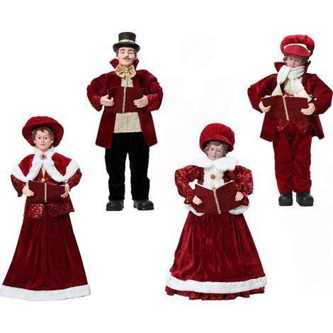 Famiglia di cantori con vestiti color Rosso, decorazione natalizia da 97 cm , set 4 pezzi