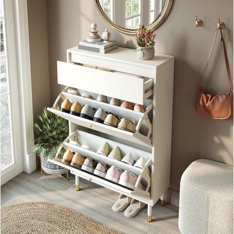 Meuble à chaussures 65x24x104 cm en MDF blanc avec rangement pour entrée étroite FloraGrace (1/5)