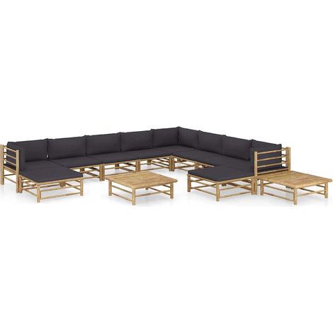 Salon de jardin 12 pcs Ensemble Table et Chaise de Jardin - avec coussins gris foncé Bambou BV696099 - BonneVie (1/5)