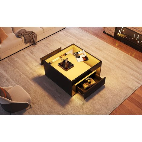 Table basse 70 x 70 x 35 cm, table d'appoint avec 2 tiroirs, table de salon, table basse haute brillance, table de salon au design ajouré, bureau et table à manger en verre trempé avec LED, noir