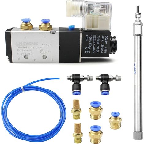 Électrovanne Pneumatique Électrique 5 Voies 2 Positions et Cylindre à Air Mince à Double Effet, Tuyau Pneumatique en PU Bleu, Pneumatique de Silencieux, D'un Raccord de Tuyau Air (1/5)