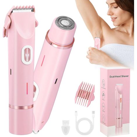 Rasoio elettrico ricaricabile per donna, rifinitore elettrico 2 in 1 a doppia testina, rifinitore intimo indolore per donna, rasoio impermeabile per viso, ascelle, gambe, uso asciutto e bagnato