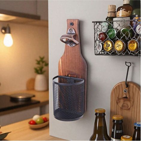 Ouvre-bouteilles avec collecteur en filet, tire-bouchon en bois à fixer au mur, sans trace, accessoire essentiel pour bière, idéal pour home bar, cuisine, jardin, extérieur, cadeau parfait pour les am (1/4)