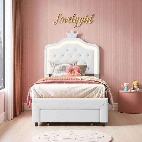 Bett Kinder 90x200 - LED Krone - Stauraumschublade - Metall/PU Weiß - Lattenrost Inklusive