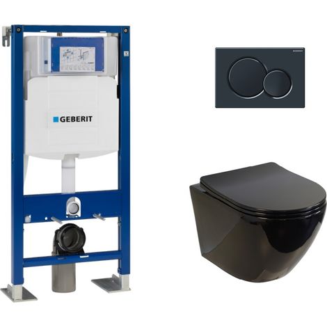 Pack WC suspendu Geberit UP320 – Cuvette sans bride KELOS Flush Noir brillant – Plaque Sigma Noir – Chasse d'eau 6/3L (1/7)