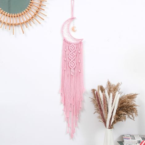Pink Wall Hanging with Led Light, Cotton Knitted Dream Catcher Moon Wall Tapestry with Tassels Decor (1/5)