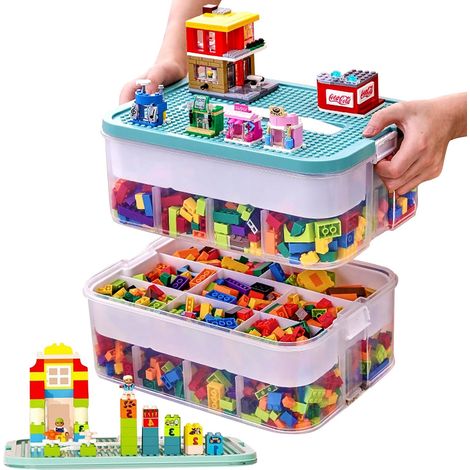Boite Rangement Plastique, 2 Couches Boite Rangement avec Couvercle, Enfant Jouets Empilable Organiseur Transparent avec Compartiments pour Ranger les Jouets (1/5)
