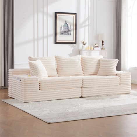 Canapé en Velours Côtelé avec Méridienne - 273 x 98 x 87 cm - Canapé d'Angle Convertible avec Porte-Gobelets - Beige (1/5)