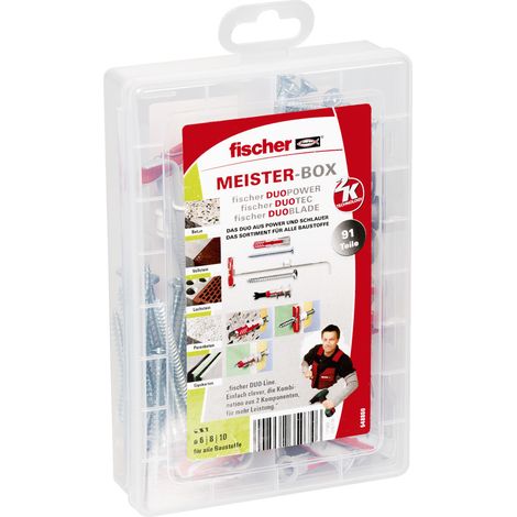 FISCHER 548860 MEISTER-BOX DUOLINE BOÎTE À OUTILS AVEC 59 CHEVILLES ET 32 VIS, CHEVILLES UNIVERSELLES, KIT PRATIQUE, BOÎTE À CHE (1/4)