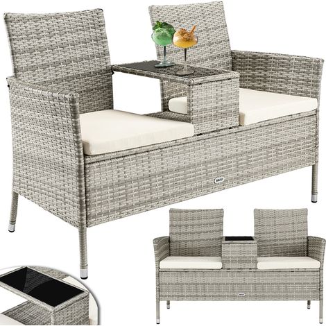Divano Panca Giardino Grigio in Polyrattan Panchina Divanetto con Ripiano Vetro (1/5)