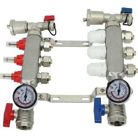 3-Schleifen-Verteiler für Fußbodenheizung mit Präzisions-Durchflussmesser und Manometer, G1-Zoll-Anschluss, Verteilerset für Fußbodenheizung (1/5)