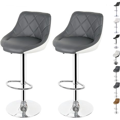 Tabouret de Bar Lot de 2 avec Siège Bien Rembourré, 2 Design 2 Couleurs, Tabourets en Simili-Cuir Réglable, Gris+blanc