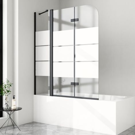 WDWRITTI Schwarz Duschwand für Badewanne 140x140 cm Badewannenaufsatz 3-teilig Duschtrennwand für Badewanne Duschwand Badewanne Duschabtrennung Badewanne, 6mm ESG Glas mit Milchglas Streifen