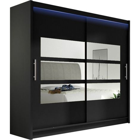 Mobilier1 – Armoire coulissante noire 215x180x58cm – 2 portes – 5 étagères – Éclairage LED – Matériau stratifié – Fabriqué en Union Européenne