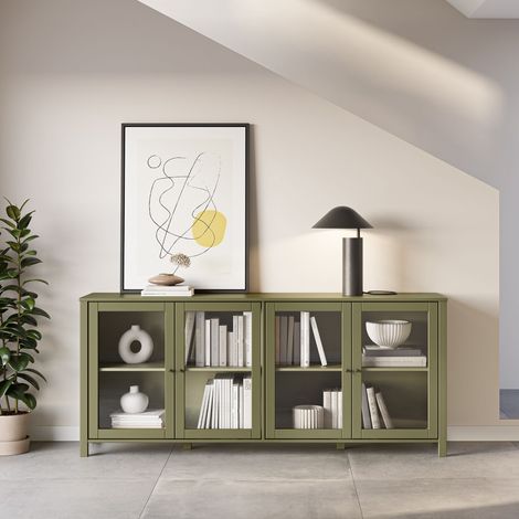 Buffet 4 portes vitrées 186x40x80 cm en pin kaki - VIKZA (1/5)