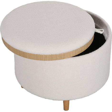 Pouf rond capitonné Ø56 x 42 cm, avec espace de rangement et couvercle à charnières, pieds en bois, idéal pour le salon et la chambre, blanc.