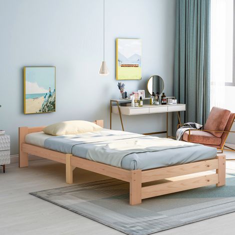 Camas individuales 90x200 cm, camas para adulto, somier de láminas, madera, sin colchón, natural (1/5)