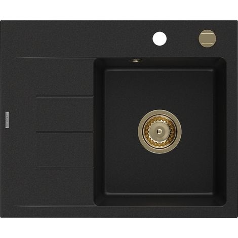 Mexen Ben évier en granit 1 bac avec égouttoir à droite 600 x 500 mm, noir, siphon doré - 6523605000-77-G (1/5)