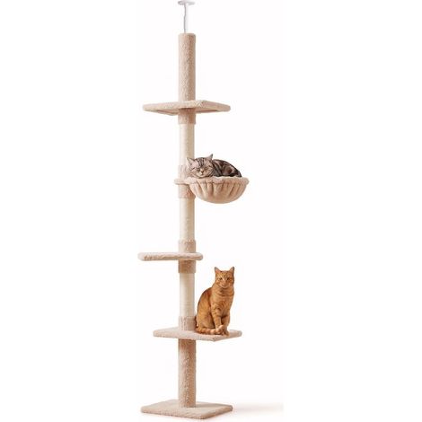 Multi-level ceiling-mounted cat tree with hammock and adjustable height, 40 x 34 x 230-260 cm, beige (1/5)