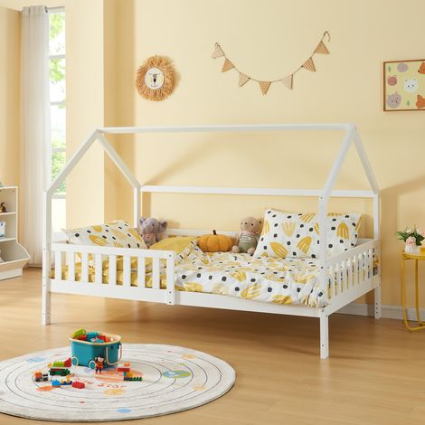 Hausbett mit Rausfallschutz Ydre 120x200 cm Weiß Kiefernholz [en.casa]