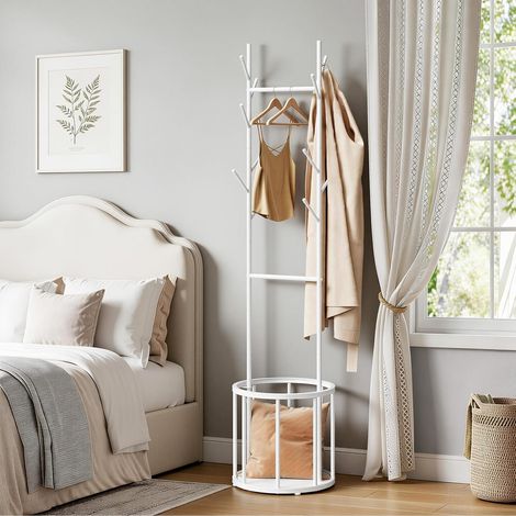 WOLTU Garment Coat Clothes Stand Rack W/Storage Basket 12 Hooks and 2 Rails White