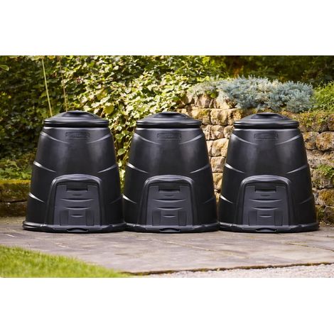 220L Black Garden Compost Bins Outdoor with Front Hatch - 3 Pack