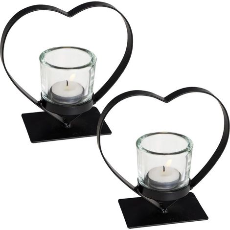 Set da 2 portacandele a forma di cuore, misura 15x6x15 cm, struttura in metallo nero con bicchiere in vetro per candela tea-light (1/5)