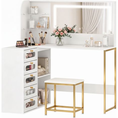 HOMCOM Dressing Table with LED Mirror and Stool, Drawers, Vanity Desk, White (1/5)