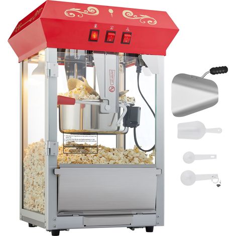 Machine à popcorn 850W, 8 oz, 48 tasses par lot, vitre trempée, style cinéma, 4 cuillères incluses, rouge.