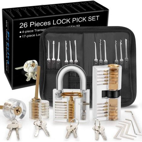 Kit de Crochetage Serrure, Preciva 26-Pièce Lock Picking Kit, Outils de D’entraînement avec 4 Serrure Transparente pour Serruriers Débutant et Pro (Or) (1/5)