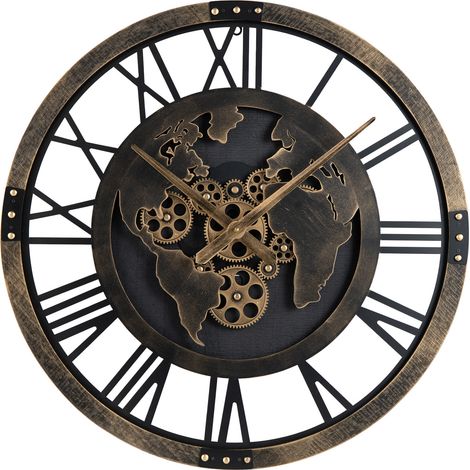 Horloge murale marron 27 pouces en métal avec engrenages mobiles et carte du monde, quartz silencieux pour salon, bureau et chambre (1/5)