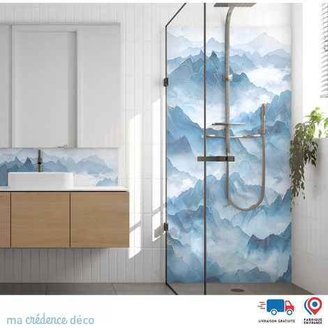 Panneau de douche : Montagnes lointaines et filets dorés - Couleur bleu roi - Alu composite - 120 - 245 (1/3)