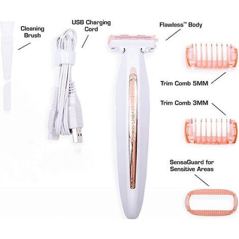 Rasoir et tondeuse rechargeables Flawless Body pour femmes, blanc/or rose (1/4)