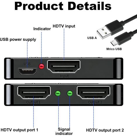 Répartiteur HDMI 1 Entrée 2 Sorties 4K 3D 1080p Splitter HDMI 2 Sorties avec Câble d'alimentation Micro USB, Duplicateur HDMI 1 en 2 pour PS3 4 Xbox DVD Projektor HDTV (1/2)