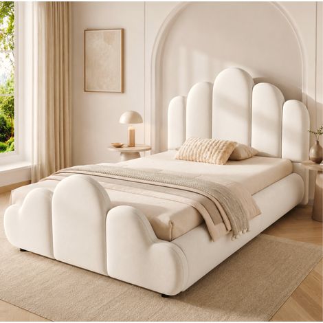 Lit enfant 90x200 cm, design nuage avec bords arrondis, en velours, beige, sans matelas (1/5)