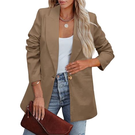 Veste de tailleur femme à manches longues, couleur unie, style décontracté, en polyester doux, idéale pour le travail et les activités de plein air, kaki, taille L. (1/4)