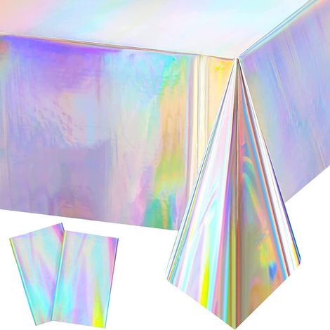 Nappe en plastique iridescente arc-en-ciel, housses de table laser holographiques pour pique-nique en plein air, mariage, anniversaire, décorations de table, 137 x 274 cm (2 pièces, laser) (1/5)