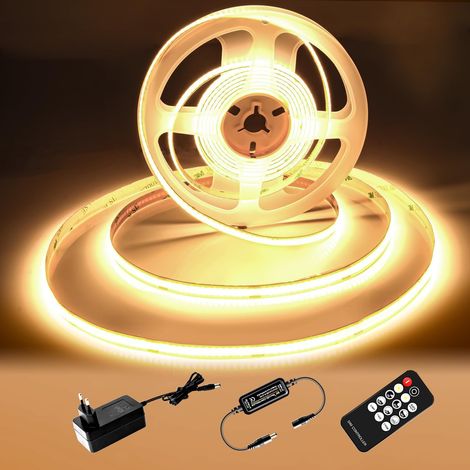 Ruban LED COB 5M, Bande LED blanc chaud 2700K, Bande LED 24V Dimmable, CRI92, largeur 8mm, avec télécommande et alimentation, pour la décoration de la maison, la cuisine, le miroir (1/5)