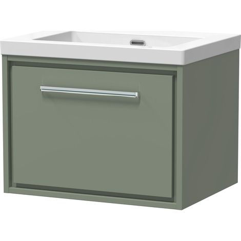 Balterley Longnor Modern Bathroom 1 Soft-Close Drawer Wall Hung Vanity Unit Fireclay Basin, Fern Green, 600mm