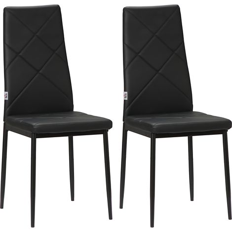 Zwei Designer-Esszimmerstühle, hohe Rückenlehne aus Kunstleder und Metallgestell, schwarze Farbe