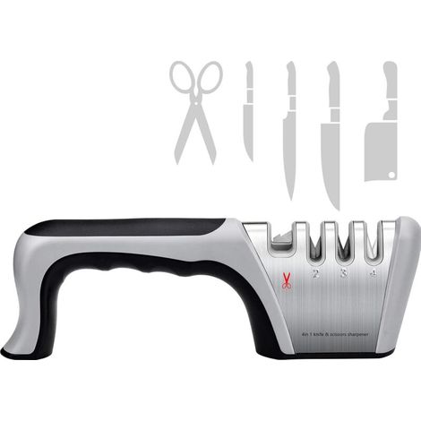 Aiguiseur Couteaux Professionnel Manuel 4 en 1 Affûteurs Manuels Knife Sharpener avec Base Antidérapante pour Couteaux, Couteau de Cuisine, Ciseaux (1/5)