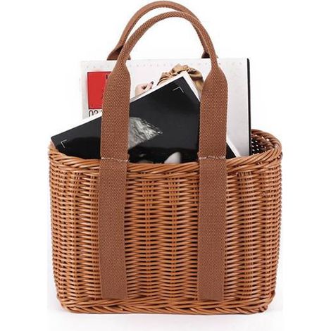 1 kaffeefarbener Korb aus PP-Kunststoff, handgefertigte Weidentasche, Einkaufstasche aus Rattan, geflochtener Picknickkorb