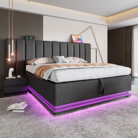 Letto matrimoniale contenitore 180x200 cm grigio in tessuto con LED 360° controllabile da app, USB e USB-C, rete a doghe e sollevamento idraulico - FLORAGRACE (1/5)
